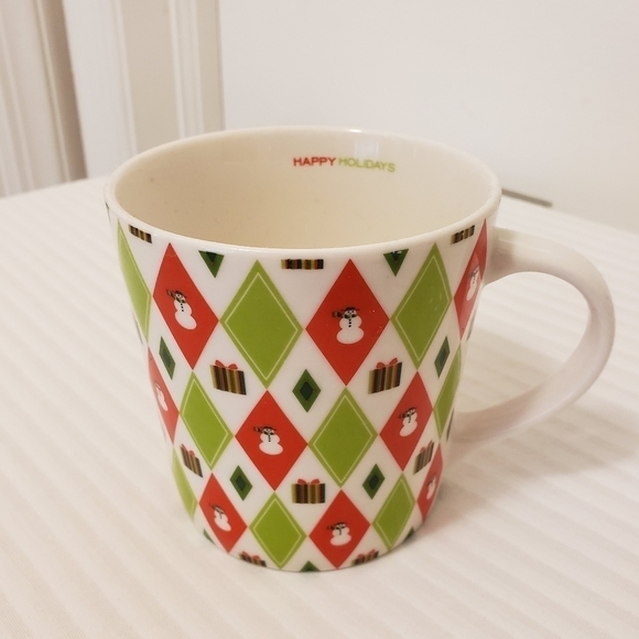 STARBUCKS 2003 Happy Holidays Barista red & chartreuse green argyle snowman mug - Picture 1 of 5